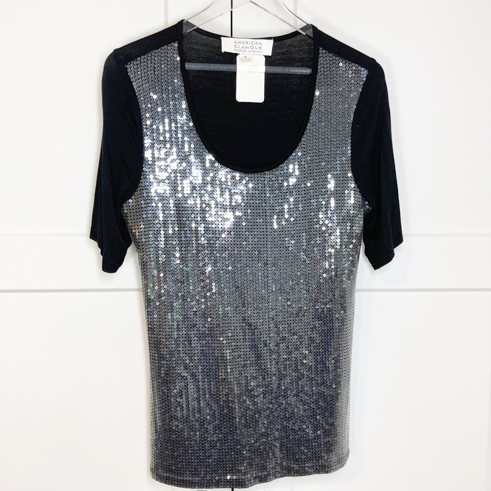 Badgley Mischka American Glamour Black Mesh Shirt Short Sleeve Tee NEW